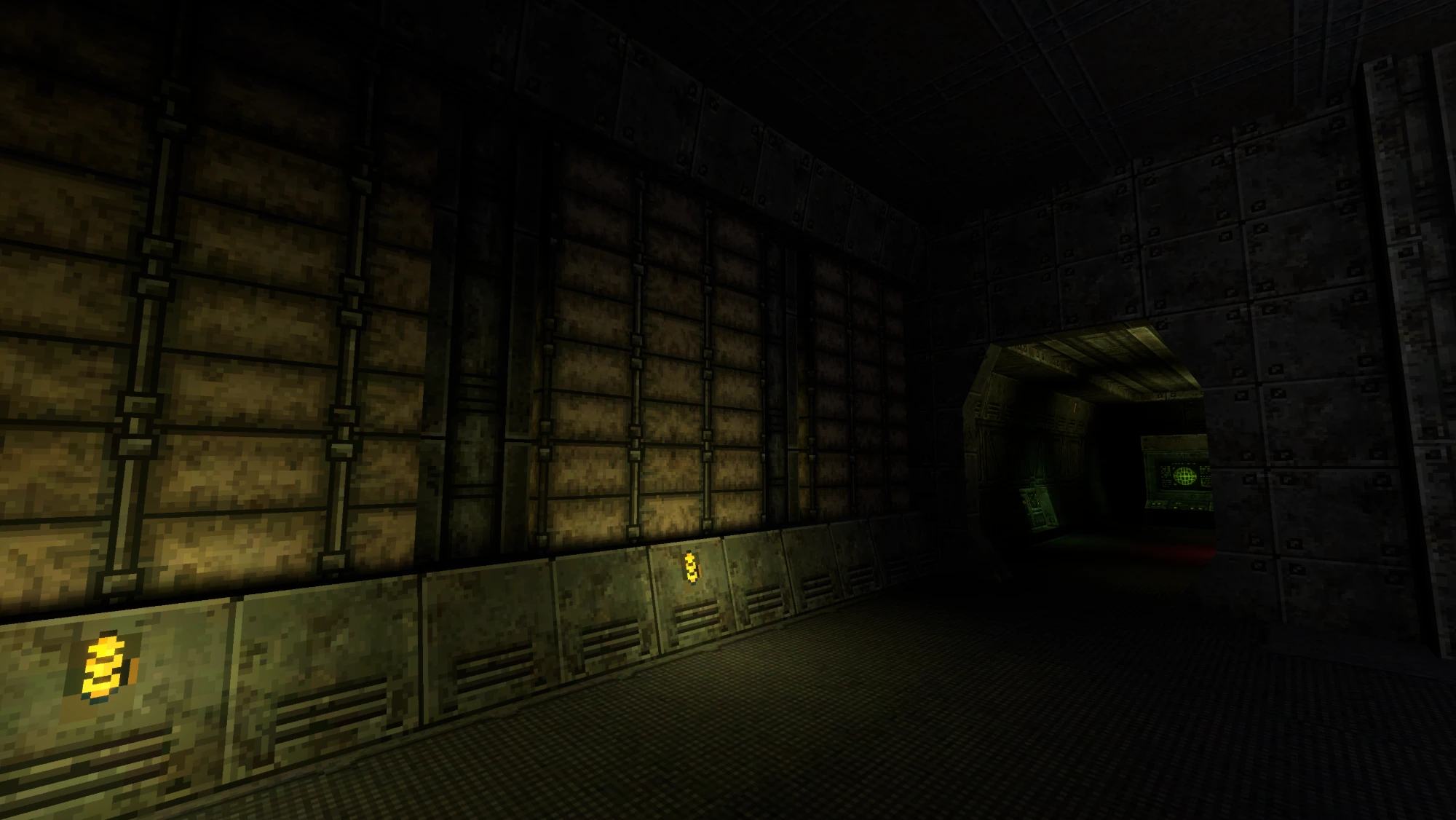 Dim sci-fi corridor with riveted metal panels and a lit doorway, built from the upcoming texture pack